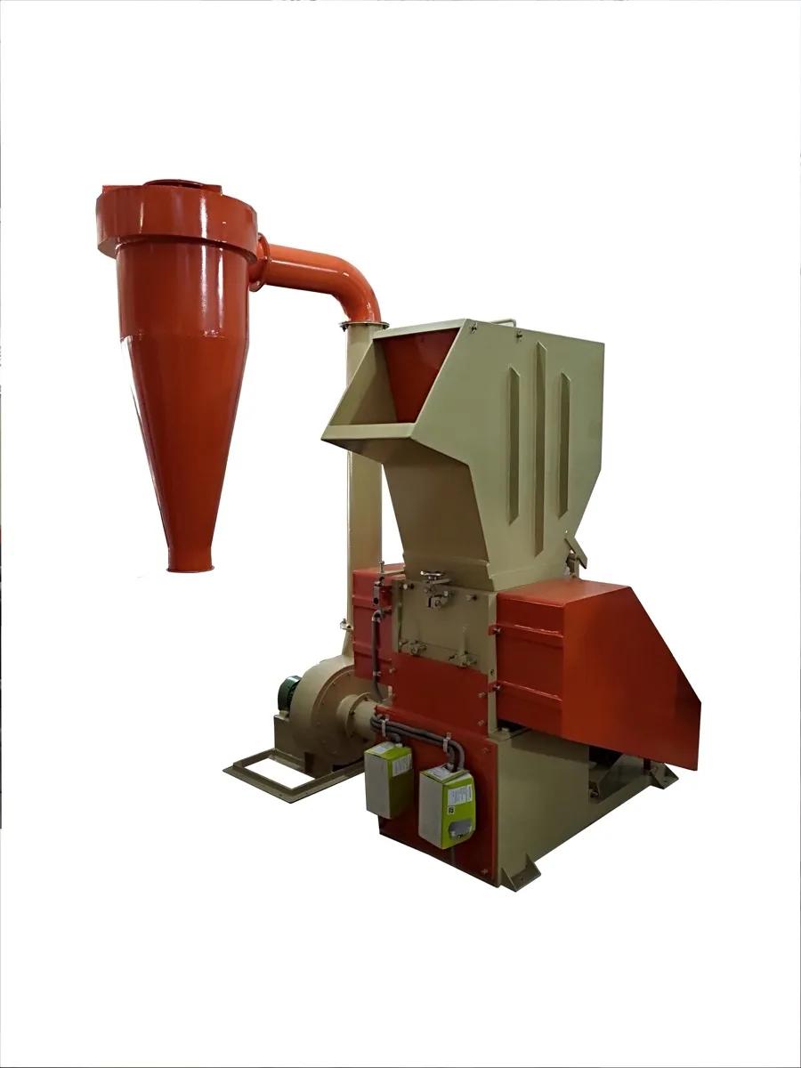 RE16CB grinder with cyclone blower producing PET flakes conveyed to bagging — Raj Electricals, Mumbai