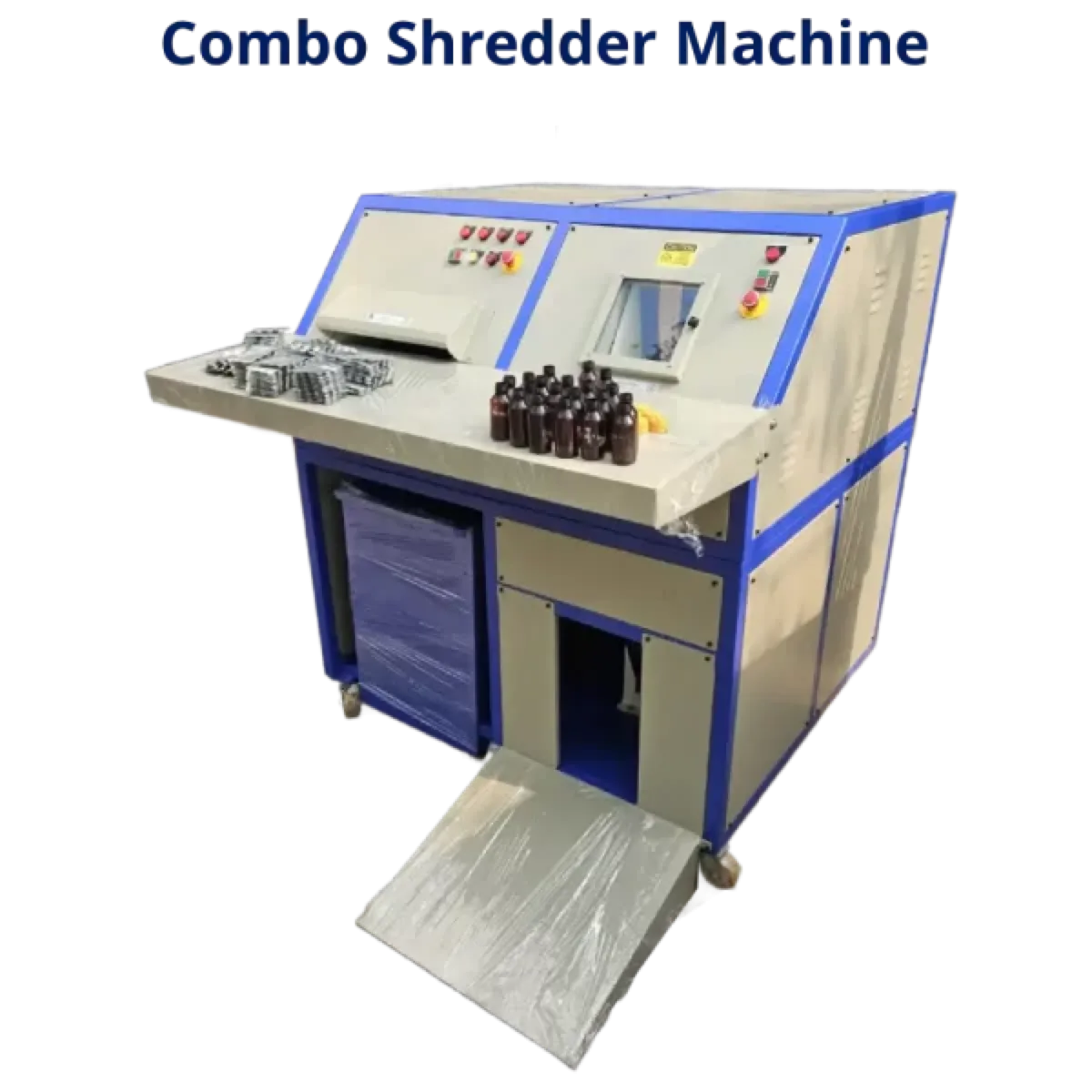 DS7510 combo shredder machine — two-stage dual shaft shredder feeding a 12 inch granulator in one frame at Raj Electricals, Mumbai